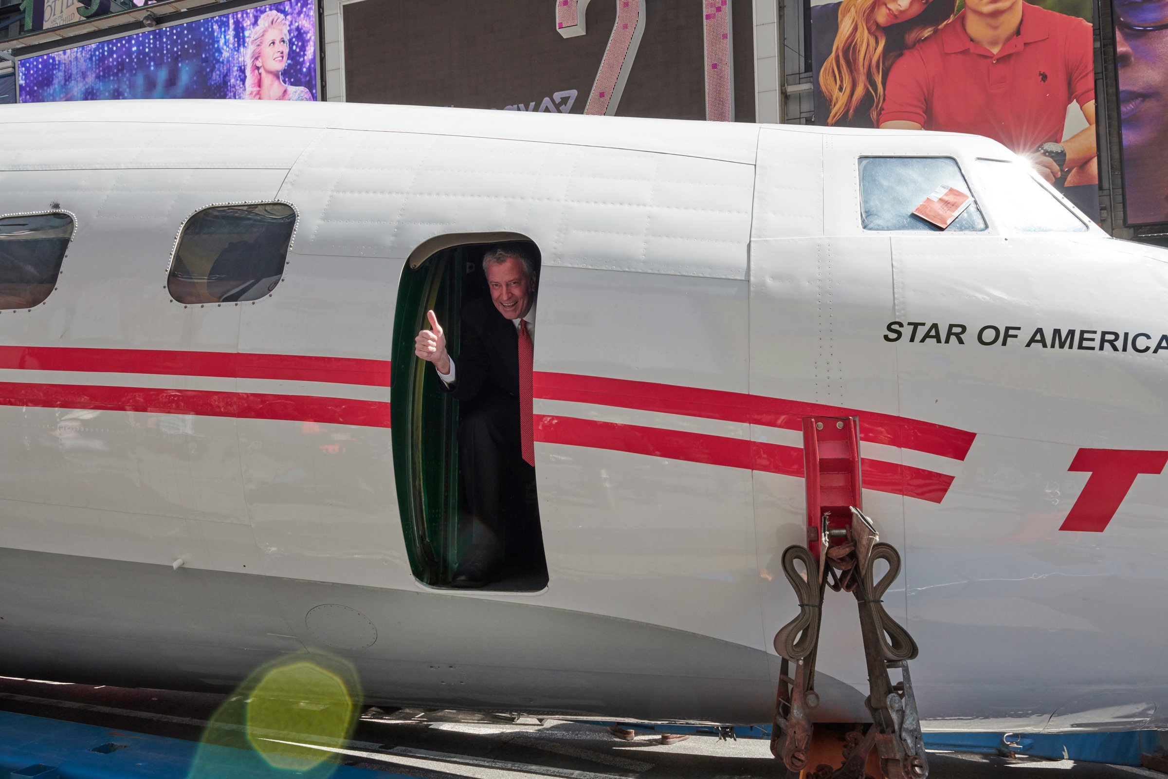 Thumbs up! New York City Mayor Bill de Blasio hops aboard Connie on March 23, 2019.